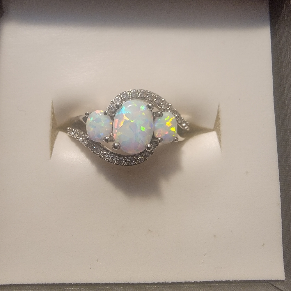 Lab created Opal  & CZ sterling silver ring